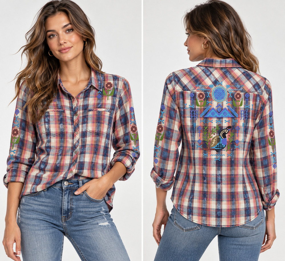 RYAN MICHAEL Large Cotton Plaid Embroidered Snap Button Up Western Rodeo Blouse